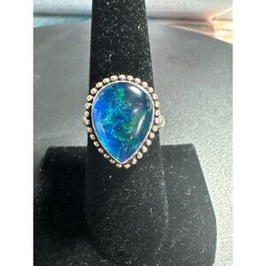 Sterling Silver 925 Blue Teardrop Cabochon Ring Beaded Boho Vintage Style Size 8